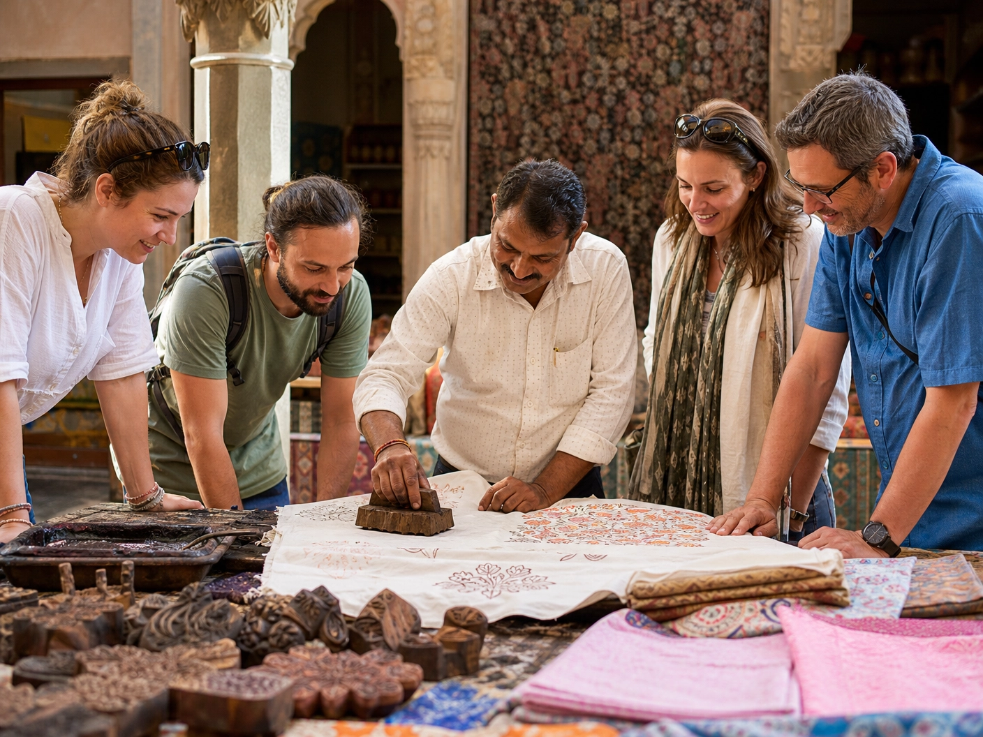 eine Reisegruppe bei einem textilen Workshop in Rajasthan auf einer Atelierreise