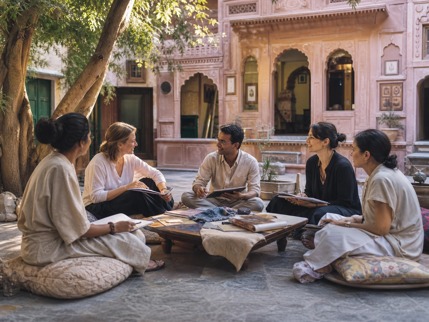 eine Reisegruppe bei einem textilen Workshop in Rajasthan auf einer Atelierreise